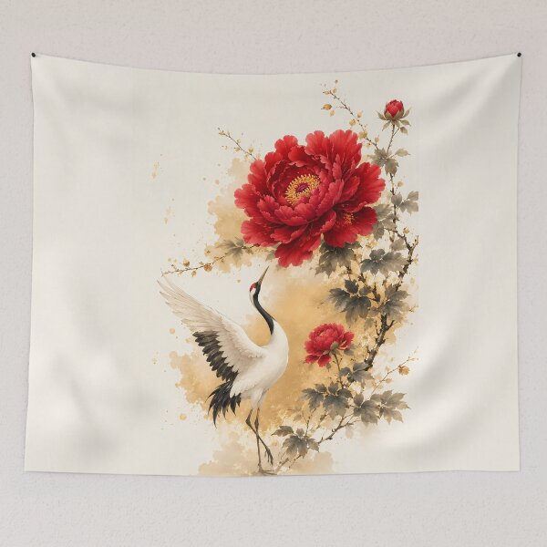 Item preview, Elegant Red Peony and Crane Chinese Ink Painting designed and sold by ManJiangHong.