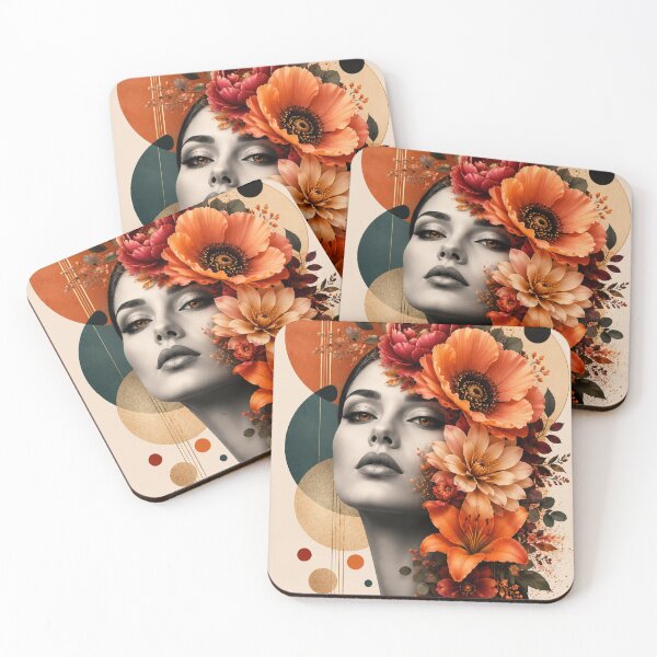 Item preview, Floral Woman Geometric Terracotta Teal Circles Autumn Flowers Wall Art designed and sold by Leogasup.