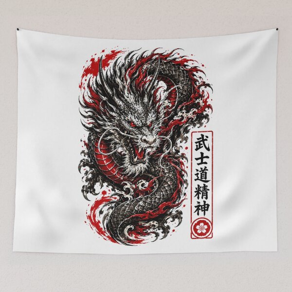 Item preview, Bushido Dragon - Japanese Ryū with Kanji & Red Black Irezumi Tattoo Art designed and sold by SupernovaNote.