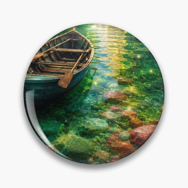 Item preview, Enchanted Crystal River with Wooden Boat and Waterfall Fantasy Landscape designed and sold by PixelParinda.