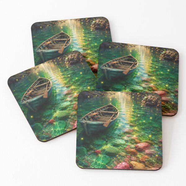 Item preview, Enchanted Crystal River with Wooden Boat and Waterfall Fantasy Landscape designed and sold by PixelParinda.