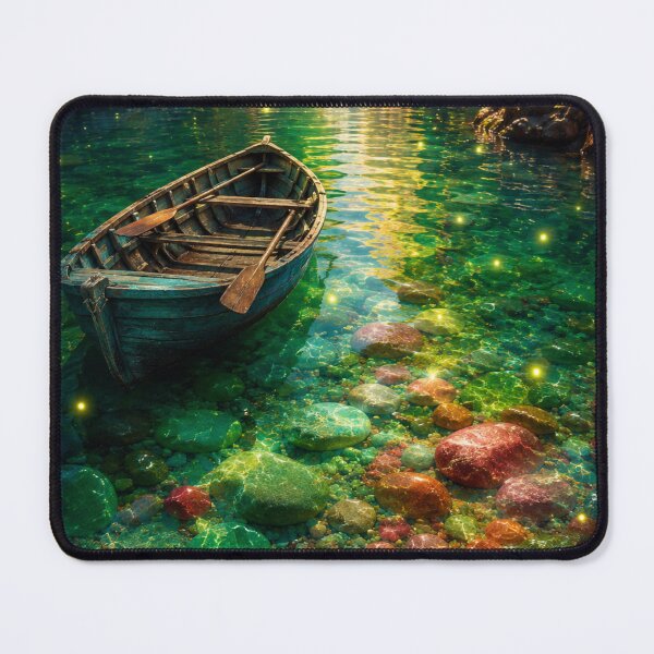 Item preview, Enchanted Crystal River with Wooden Boat and Waterfall Fantasy Landscape designed and sold by PixelParinda.