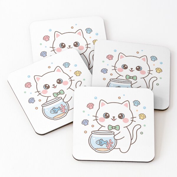 Item preview, Cute Kawaii Black Cat with Bowtie Holding Fishbowl and Pastel Sea Shells designed and sold by MoonlitDoodles1.