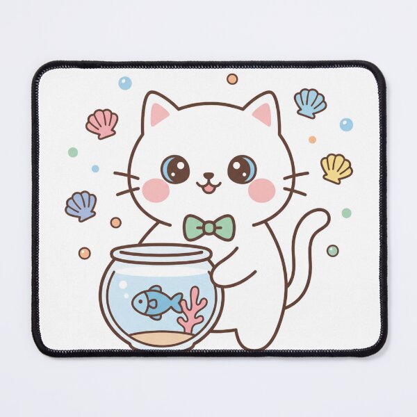 Item preview, Cute Kawaii Black Cat with Bowtie Holding Fishbowl and Pastel Sea Shells designed and sold by MoonlitDoodles1.