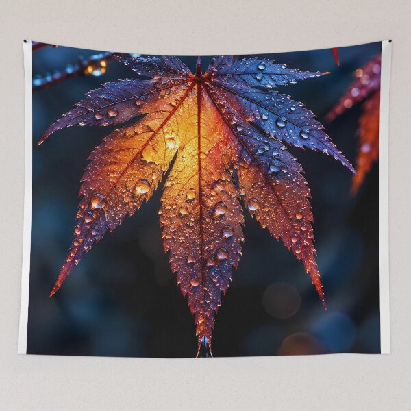 Item preview, Glowing Autumn Maple Leaf with Rain Droplets Macro Nature Photography designed and sold by PixelParinda.