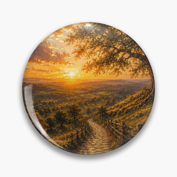 Item preview, Golden Sunset Country Landscape Oil Painting with Rustic Cottage and Tree designed and sold by PixelParinda.