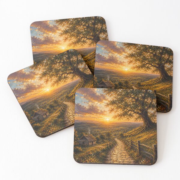 Item preview, Golden Sunset Country Landscape Oil Painting with Rustic Cottage and Tree designed and sold by PixelParinda.