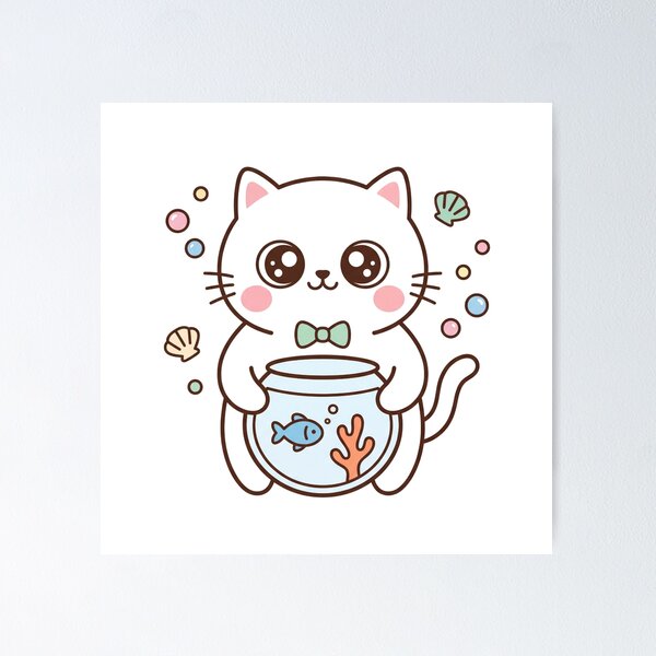 Item preview, Cute Kawaii Black Cat Holding Fishbowl with Little Blue Fish and Pastel Bubbles designed and sold by MoonlitDoodles1.