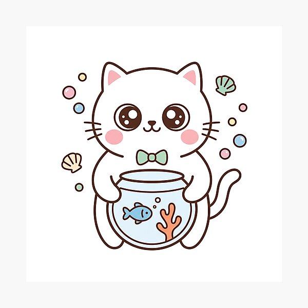 Item preview, Cute Kawaii Black Cat Holding Fishbowl with Little Blue Fish and Pastel Bubbles designed and sold by MoonlitDoodles1.