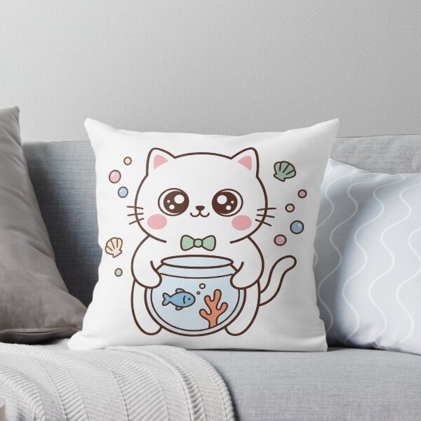 Item preview, Cute Kawaii Black Cat Holding Fishbowl with Little Blue Fish and Pastel Bubbles designed and sold by MoonlitDoodles1.