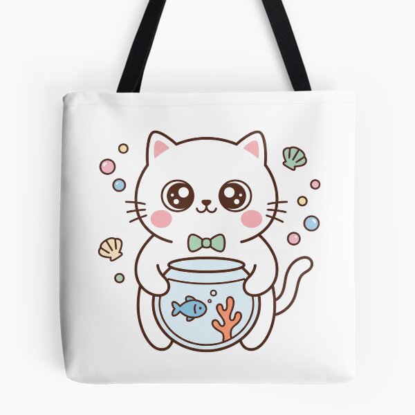 Item preview, Cute Kawaii Black Cat Holding Fishbowl with Little Blue Fish and Pastel Bubbles designed and sold by MoonlitDoodles1.