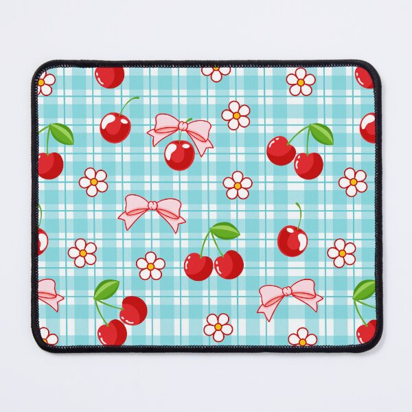 Item preview, Blue Gingham Pattern Red Cherry and Cute Pink Bow designed and sold by nurabear.
