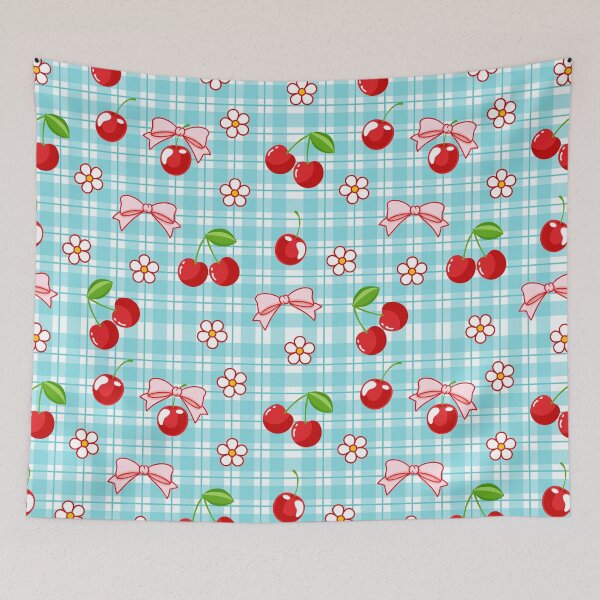 Item preview, Blue Gingham Pattern Red Cherry and Cute Pink Bow designed and sold by nurabear.