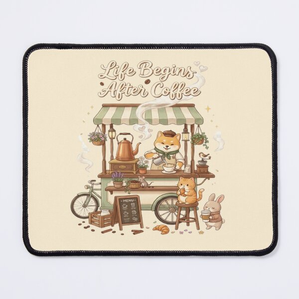 Item preview, Life Begins After Coffee | The Tiny Morning Coffee Cart | Cozy Kawaii Coffee Illustration designed and sold by CreativeNest Prints.