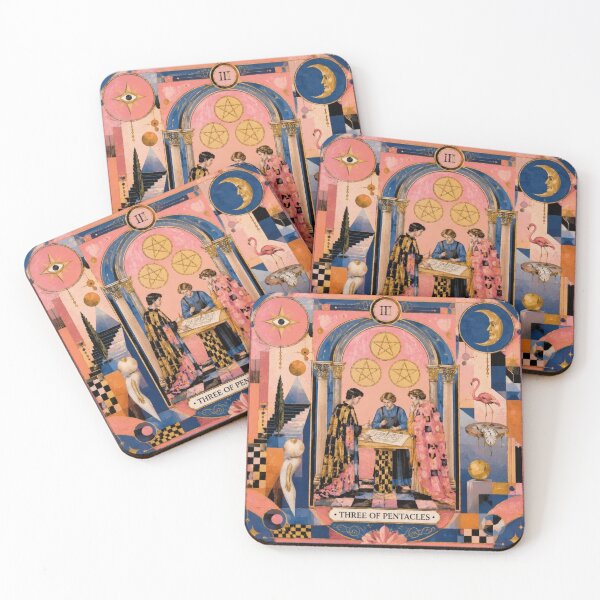 Item preview, Three of Pentacles Tarot Card - Surreal Pink Aesthetic Collaboration Art designed and sold by Natalia-Vlad.