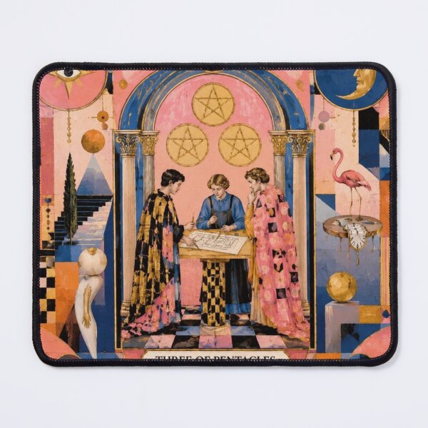 Item preview, Three of Pentacles Tarot Card - Surreal Pink Aesthetic Collaboration Art designed and sold by Natalia-Vlad.