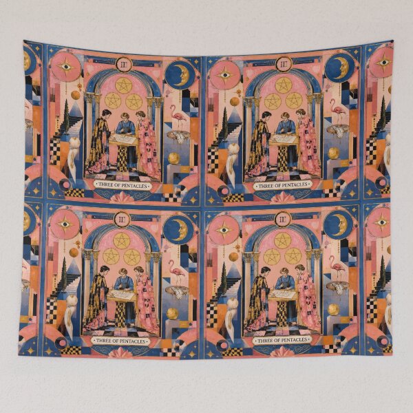 Item preview, Three of Pentacles Tarot Card - Surreal Pink Aesthetic Collaboration Art designed and sold by Natalia-Vlad.