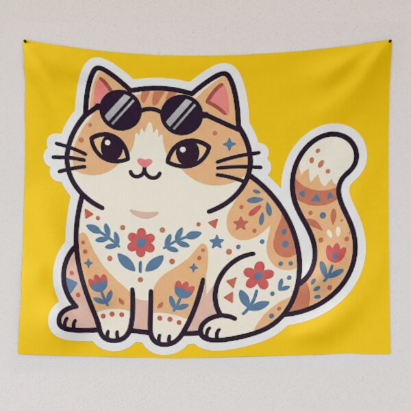 Item preview, Cute Cat with Sunglasses Floral Mandala Art designed and sold by Iampoji.
