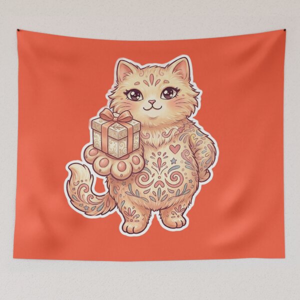 Item preview, Cute Cat Holding Gift Ornamental Style Illustration designed and sold by Iampoji.