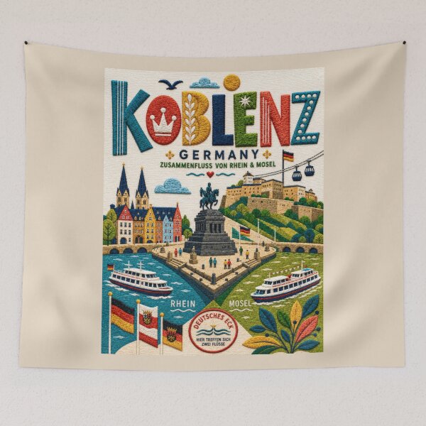 Item preview, Koblenz Germany Deutsches Eck Embroidered Travel Illustration souvenir designed and sold by Witsprings.