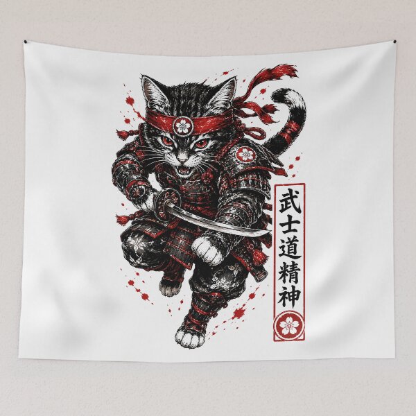 Item preview, Neko Samurai Cat - Bushido Warrior with Katana & Red Sakura Art designed and sold by SupernovaNote.