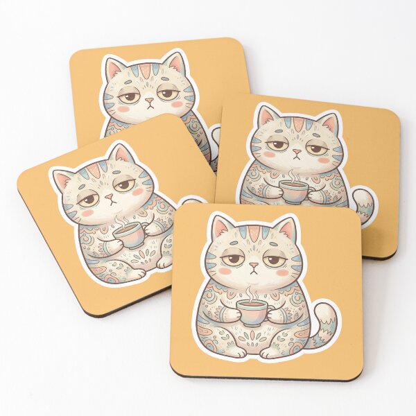 Item preview, Cute Sleepy Boho Cat Holding Coffee Kawaii designed and sold by Iampoji.
