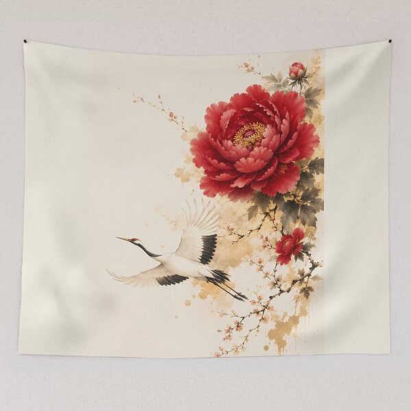 Item preview, Elegant Red Peony and Crane Chinese Ink Painting designed and sold by ManJiangHong.