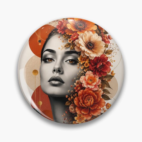 Artikelvorschau, Floral Woman Amber Eyes Orange Flowers Geometric Circles Wall Art Print entworfen und verkauft von Leogasup.