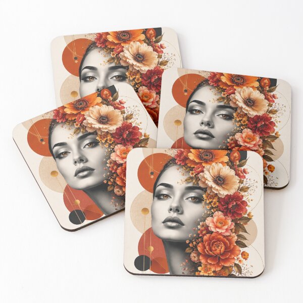 Item preview, Floral Woman Amber Eyes Orange Flowers Geometric Circles Wall Art Print designed and sold by Leogasup.