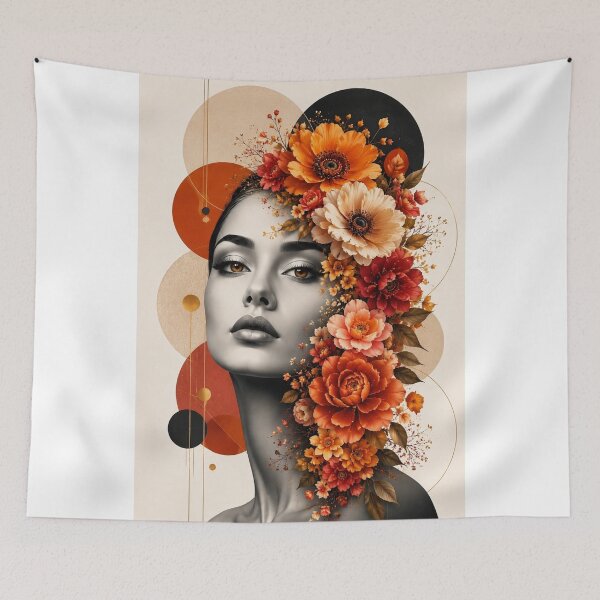 Item preview, Floral Woman Amber Eyes Orange Flowers Geometric Circles Wall Art Print designed and sold by Leogasup.