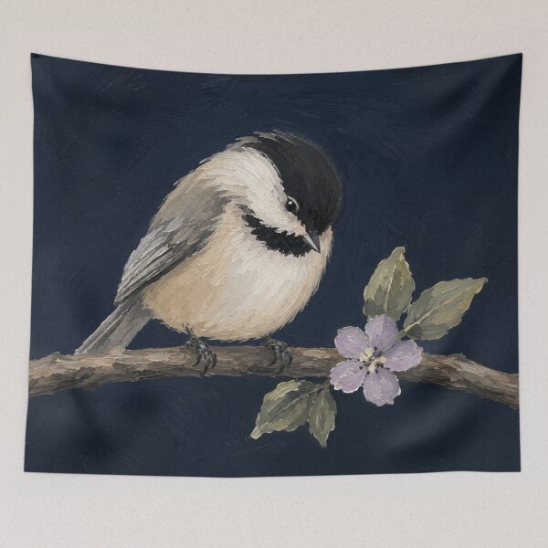 Item preview, Chickadee Bird Art – Woodland Bird with Blossom designed and sold by Filora Atelier | Bird Art.