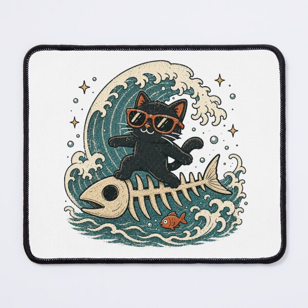 Item preview, Cool Black Cat Surfing Fish Skeleton Summer Cat designed and sold by Region.