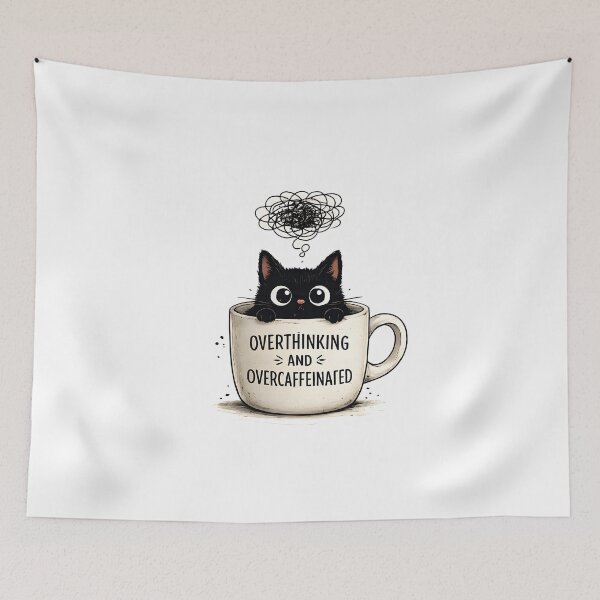 Aperçu de l'œuvre Mug à café Chat Noir « Trop de réflexion et trop de caféine » créée et vendue par Travelcases.