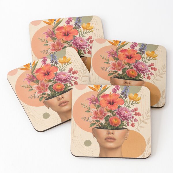 Aperçu de l'œuvre Woman Open Head Tropical Flowers Gold Earrings Bloom Wall Art Print créée et vendue par Leogasup.