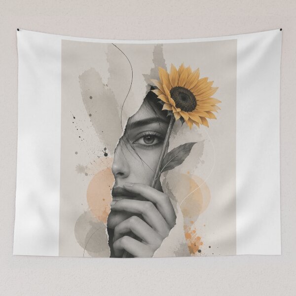 Item preview, Woman Torn Paper Eye Sunflower Watercolor Splatter Black White Art Print designed and sold by Leogasup.