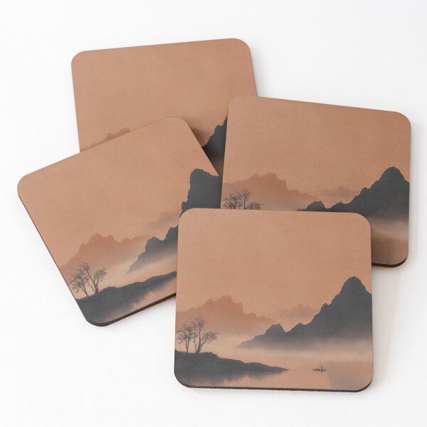 Item preview, Fisherman on a Still Lake - Burnt Orange Ink Wash Landscape designed and sold by OpenFieldNotes.