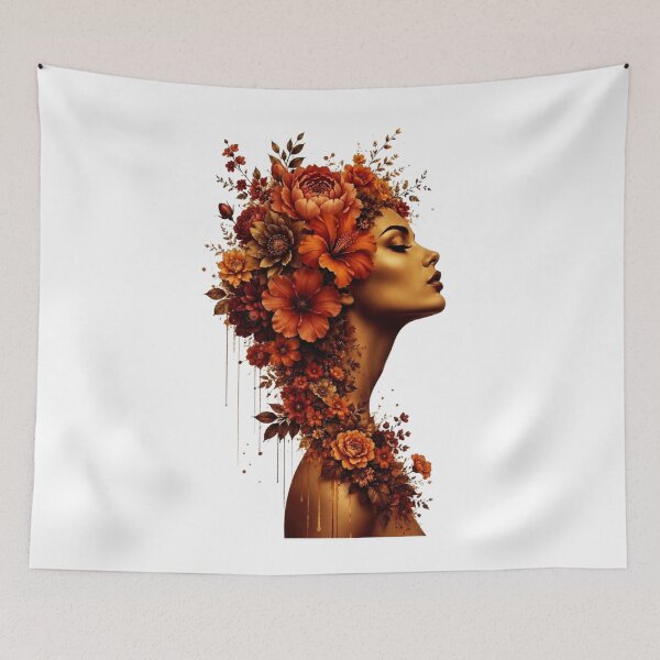 Item preview, Golden Woman Profile Autumn Terracotta Flowers Drip Wall Art Print designed and sold by Leogasup.