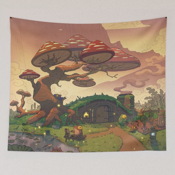 Item preview, Cozy Frog Cottage Under the Mushroom Tree | Whimsical Fantasy Frog Home Illustration designed and sold by DingHuArt.