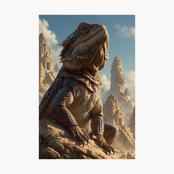 Item preview, Majestic Bearded Dragon Temple Guardian Art Print | Epic Fantasy Reptile Wall Art designed and sold by Moonlit Menagerie.