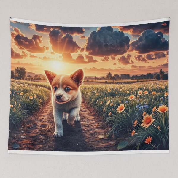 Item preview, Puppy in Sunset Flower Field Wall Art designed and sold by BeautifulVirtues.