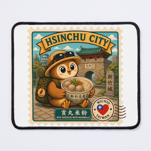 Artikelvorschau, Hsinchu City Reisnudeln mit Fleischbällchen Taiwan Reisebriefmarke Aufkleber Niedliches Eulen-Maskottchen Postillustration entworfen und verkauft von Symbol Universe.