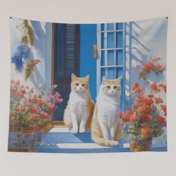 Item preview, Santorini Blue Door Cats on Sunny Greek Island Terrace designed and sold by UmSkelig834.