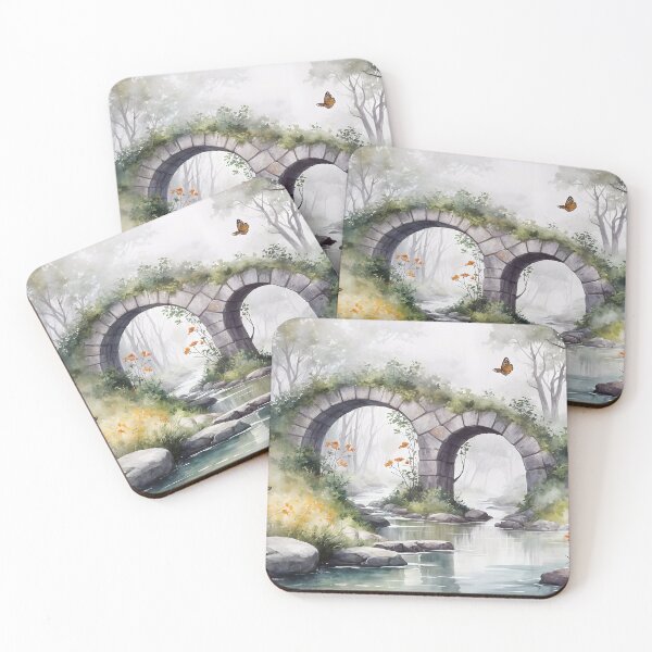 Item preview, Enchanted Stone Bridge | Misty Woodland Stream | Whimsical Forest Landscape | Serene Nature Watercolor designed and sold by Patricia Johnston.