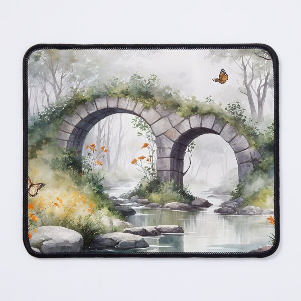 Item preview, Enchanted Stone Bridge | Misty Woodland Stream | Whimsical Forest Landscape | Serene Nature Watercolor designed and sold by Patricia Johnston.