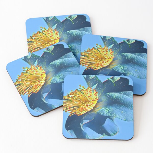 Item preview, Moody Electric Blue and Gold Camellia Flower Digital Painting designed and sold by BalkanBloom.