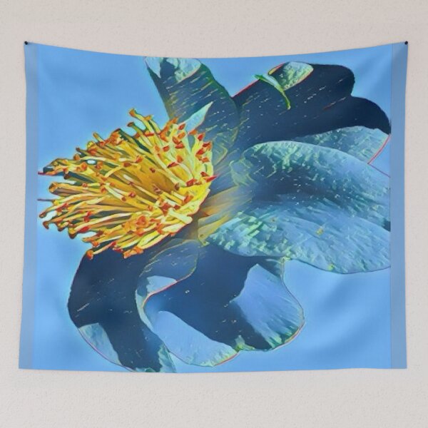 Item preview, Moody Electric Blue and Gold Camellia Flower Digital Painting designed and sold by BalkanBloom.