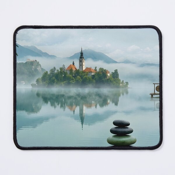 Item preview, Serene Lake Castle with Balanced Zen Stones and Lotus⁠ designed and sold by Quiet Frames Studio.