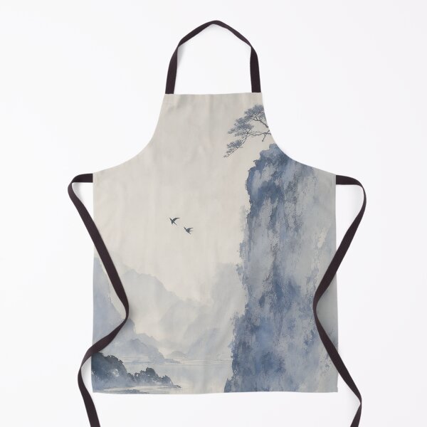 Item preview, Cliff and Pine with Swallows - Blue Ink Wash Mountain Landscape designed and sold by OpenFieldNotes.