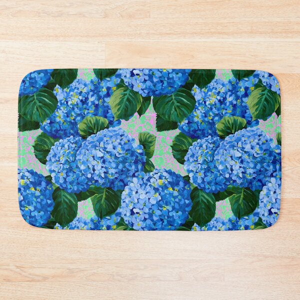 Item preview, Grandmillennial art, blue hydrangea flowers on pink and green designed and sold by SophieClimaArt.