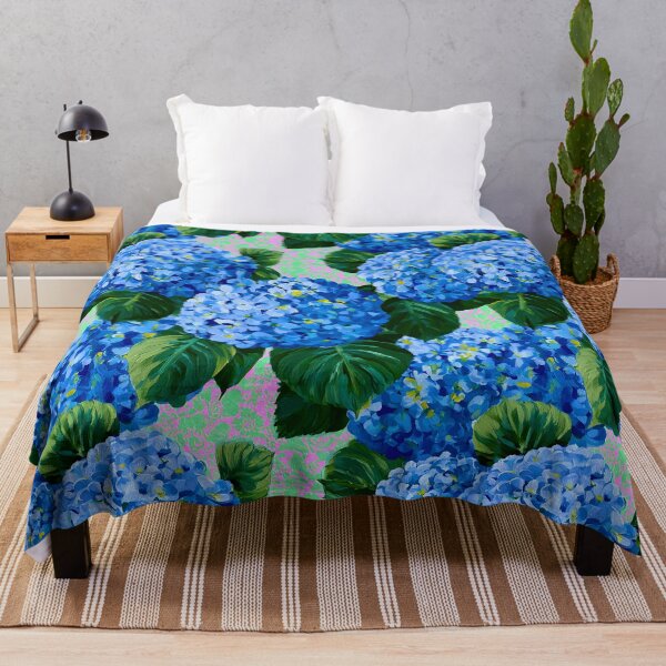 Item preview, Grandmillennial art, blue hydrangea flowers on pink and green designed and sold by SophieClimaArt.